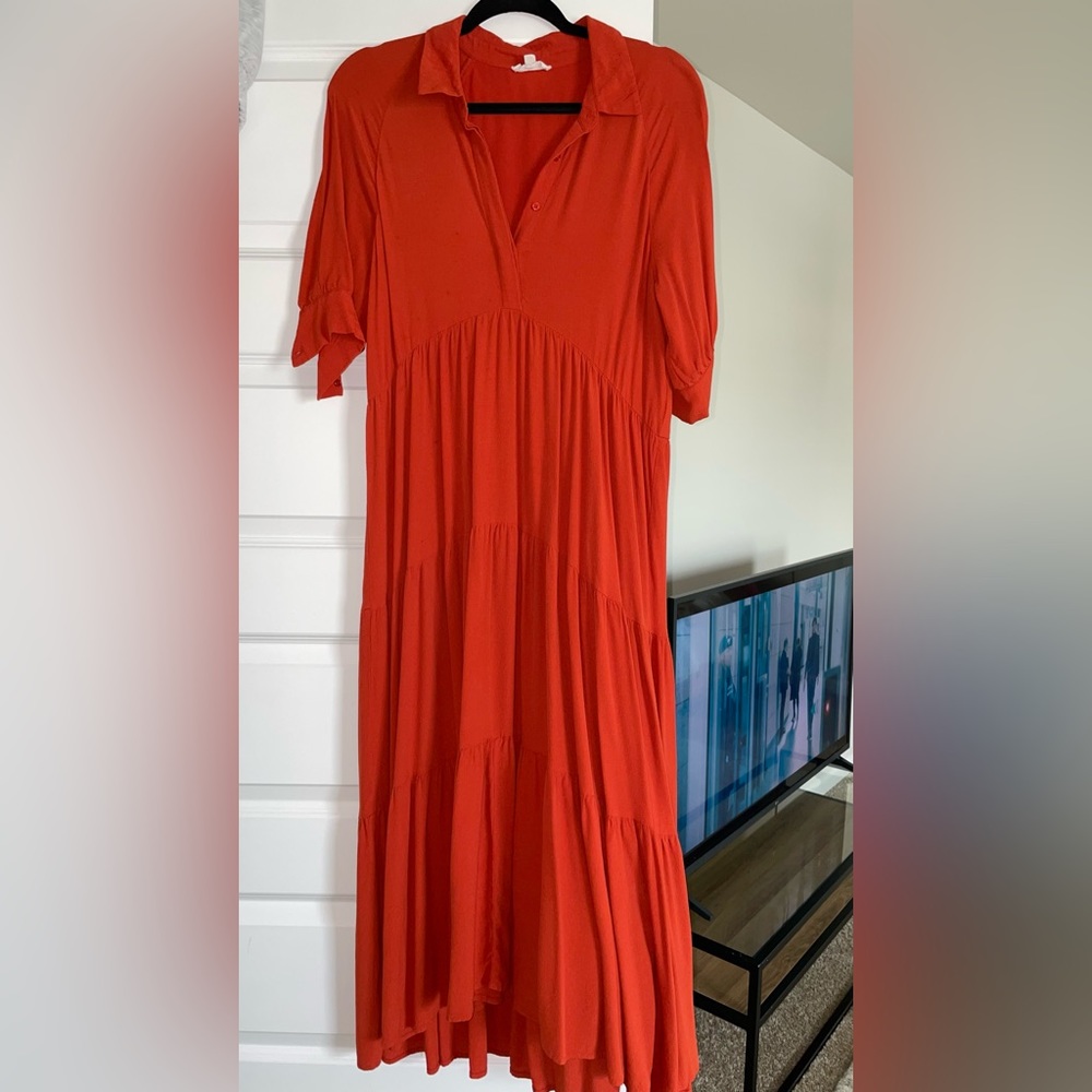 Red button down long sleeve tiered maxi shirt dress, size S